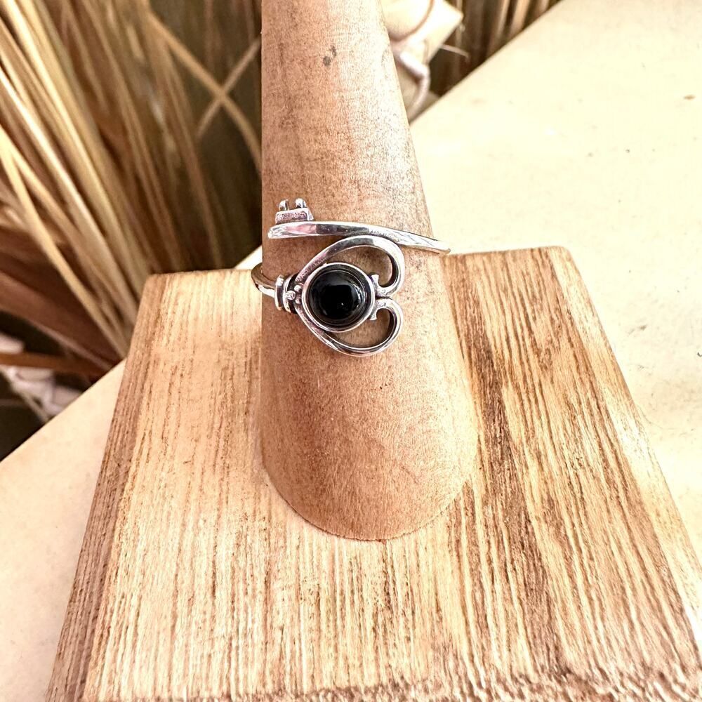 Heart & Key Black Agate Sterling Silver Ring